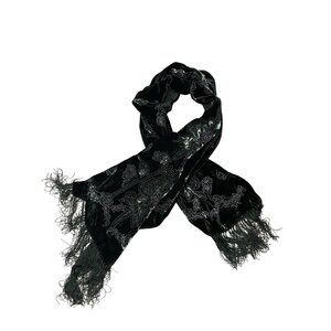 Black Floral Embroidery & Fringe Elegant Silk Velvet Scarf Luxurious